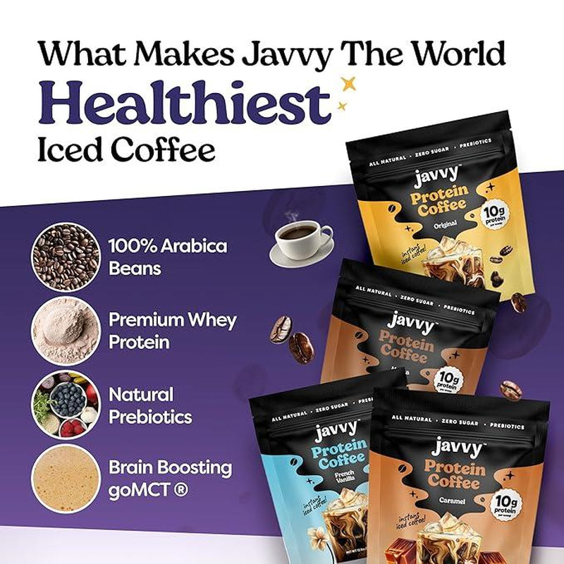 Javvy Original Protein Coffee - Premium Whey Protein & Instant Iced Coffee - 100% Arabica Coffee - Zero Artificial Flavors & Sweeteners, 6 Servings