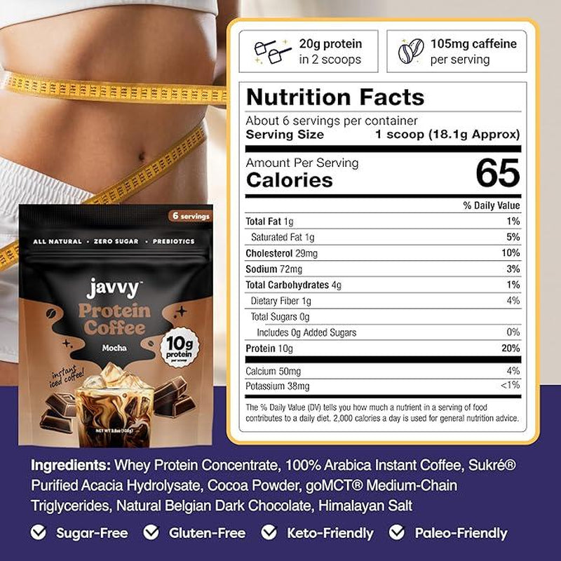 Javvy Original Protein Coffee - Premium Whey Protein & Instant Iced Coffee - 100% Arabica Coffee - Zero Artificial Flavors & Sweeteners, 6 Servings