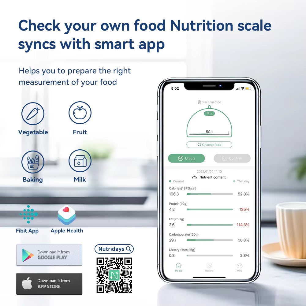 0-1Kg/0.1G, 1-5Kg/1G, Smart Kitchen Scales Nutrition Food Calorie Scale LCD Digital Kitchen Scale Cooking Baking Scale with App