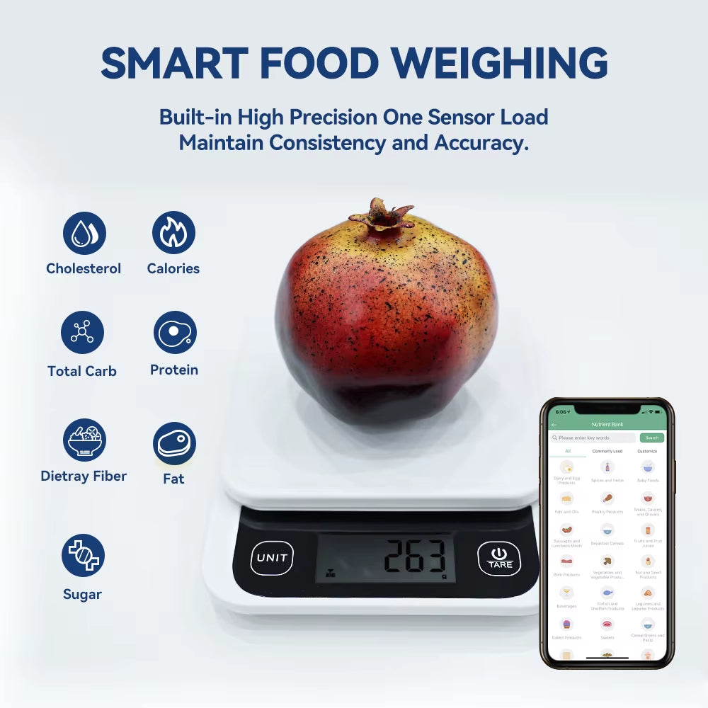 0-1Kg/0.1G, 1-5Kg/1G, Smart Kitchen Scales Nutrition Food Calorie Scale LCD Digital Kitchen Scale Cooking Baking Scale with App