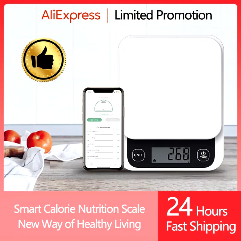 0-1Kg/0.1G, 1-5Kg/1G, Smart Kitchen Scales Nutrition Food Calorie Scale LCD Digital Kitchen Scale Cooking Baking Scale with App