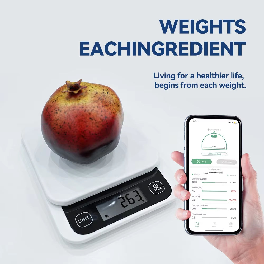 0-1Kg/0.1G, 1-5Kg/1G, Smart Kitchen Scales Nutrition Food Calorie Scale LCD Digital Kitchen Scale Cooking Baking Scale with App